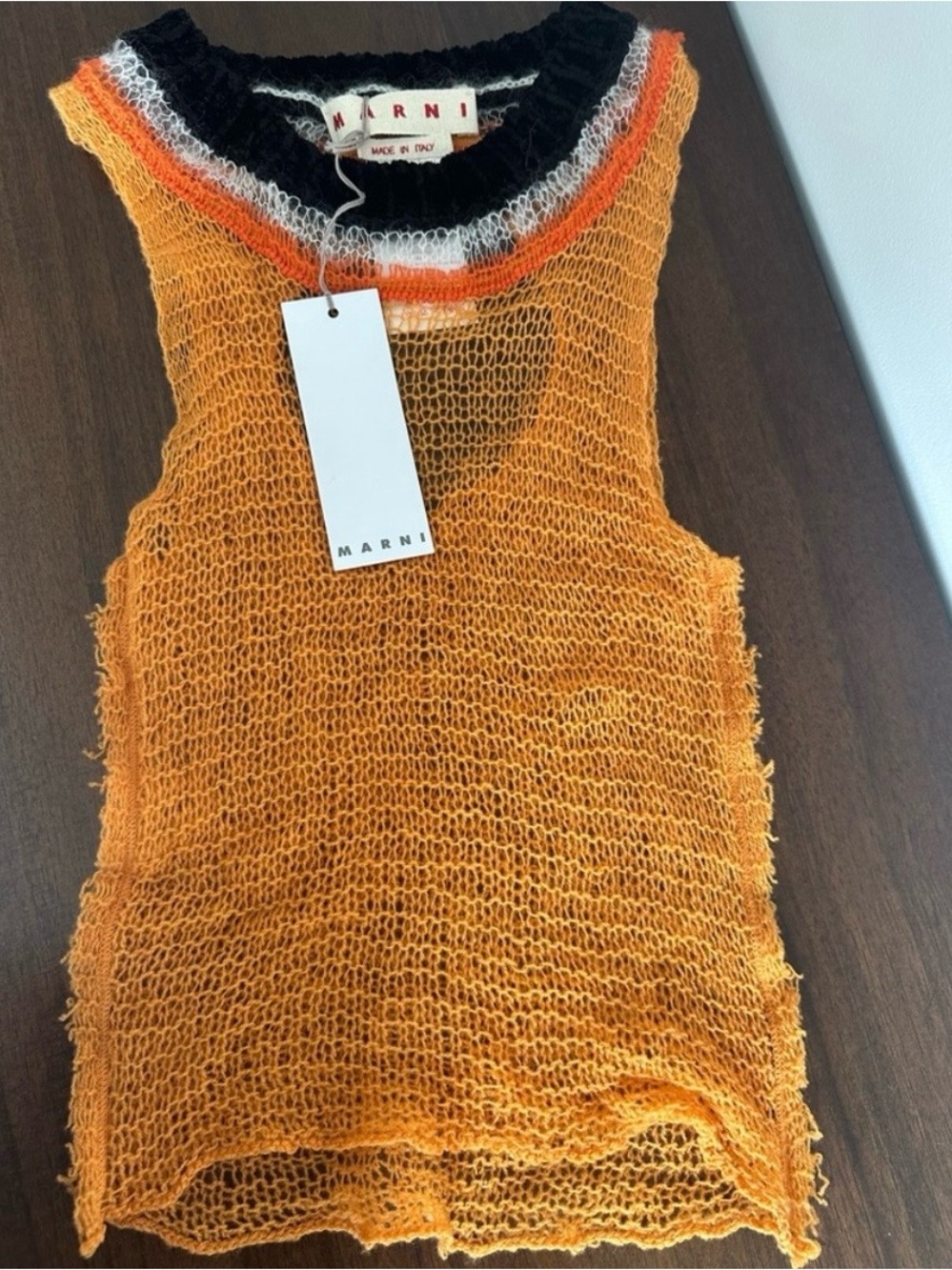 Marni Orange Open-Knit Sleeveless Tank with Black and White Trim